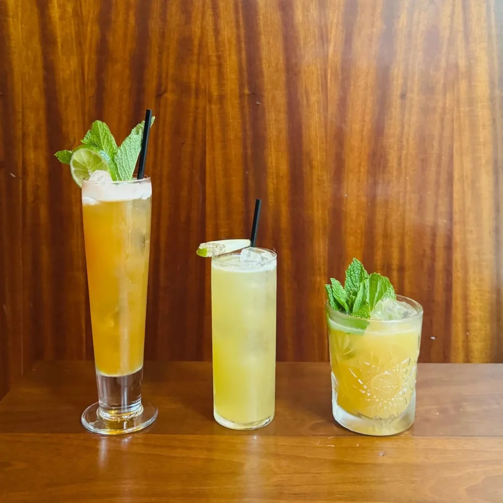 Three cocktails on a wooden table: a tall drink with mint and lime, a light yellow drink, and a short orange drink with mint.