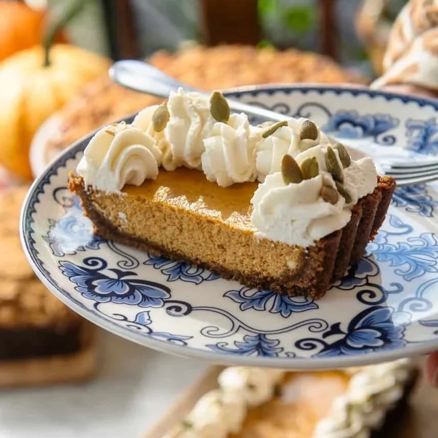 A slice of pumpkin pie topped with whipped cream and pumpkin seeds on a decorative plate.