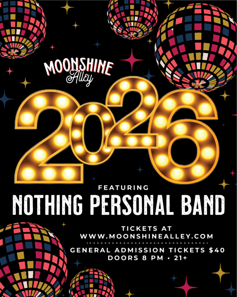 Event poster for Moonshine Alley featuring the Nothing Personal Band, with disco balls and event details.