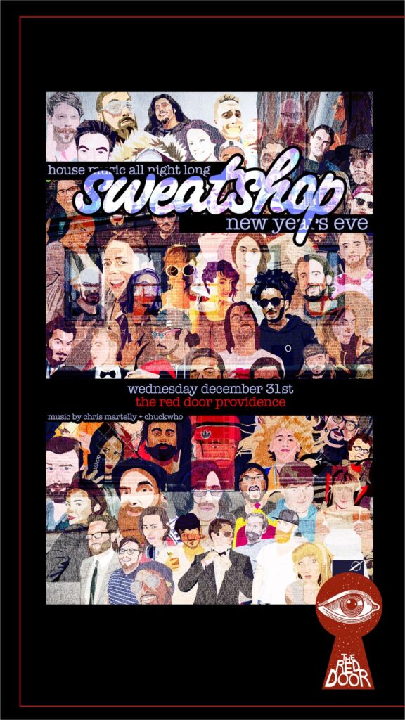 Collage of diverse faces promoting a New Year's Eve event at The Red Door, featuring house music.