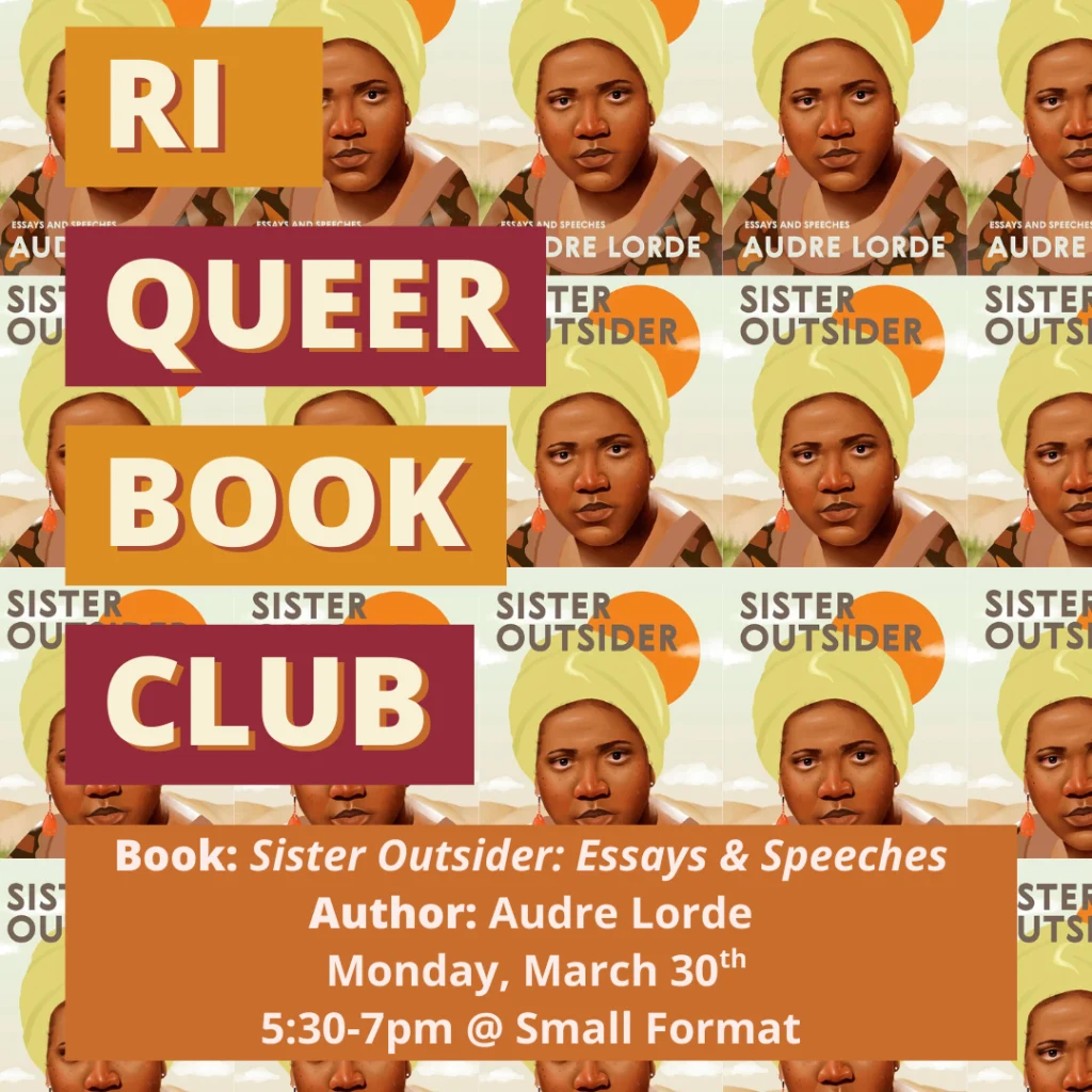 RI Queer Book Club flyer featuring Audre Lorde's "Sister Outsider." Event details listed for March 30th.