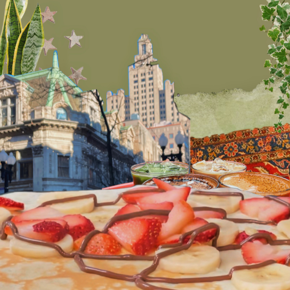 Pancakes topped with strawberries and bananas, city skyline in background, decorative elements present.