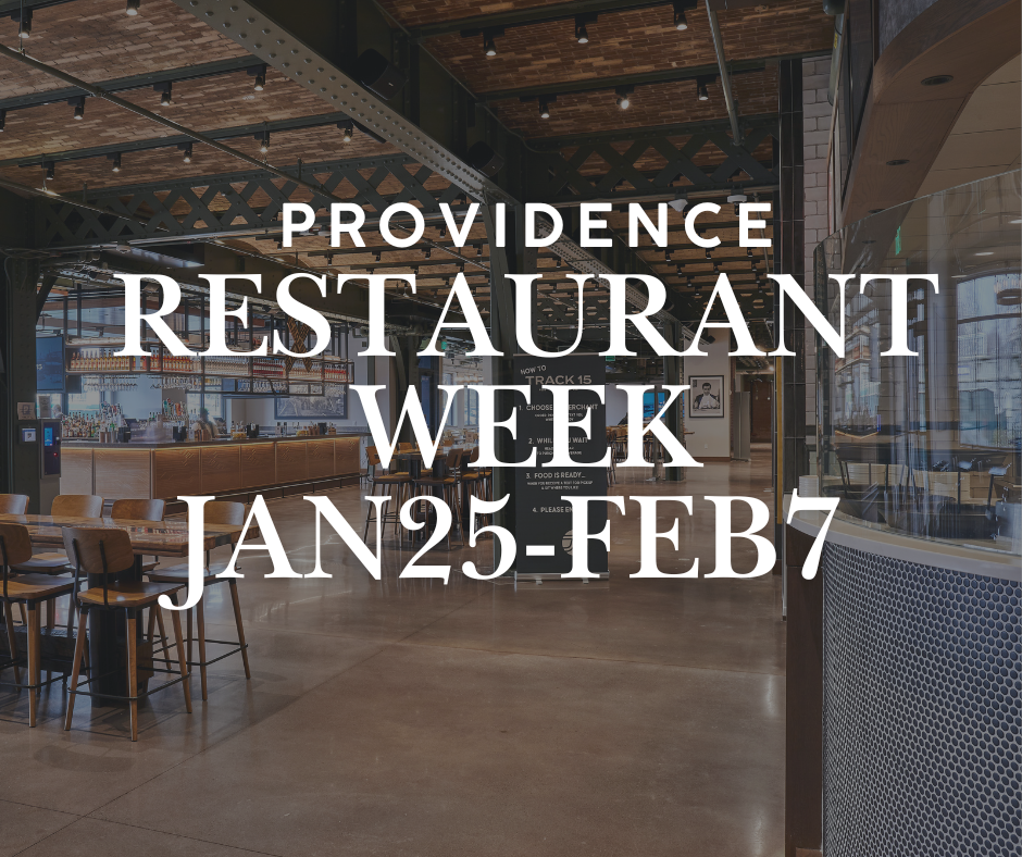 Text promotes Providence Restaurant Week, January 25 to February 7, in a modern dining space.