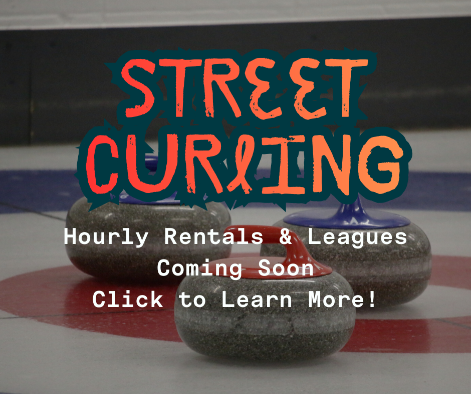 Text promotes street curling with stones on a curling rink, highlighting rentals and leagues.