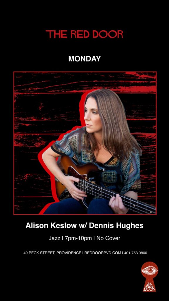 Woman plays guitar, promoting a jazz event featuring Alison Keslow and Dennis Hughes at The Red Door.