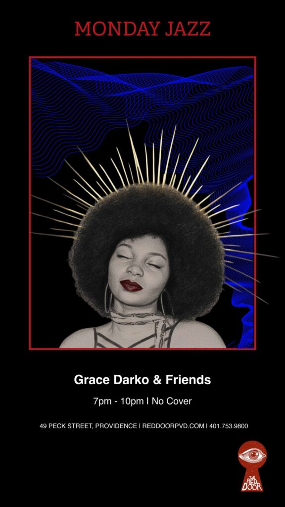 A woman with an afro smiles, surrounded by colorful graphic elements, promoting a jazz event featuring Grace Darko.