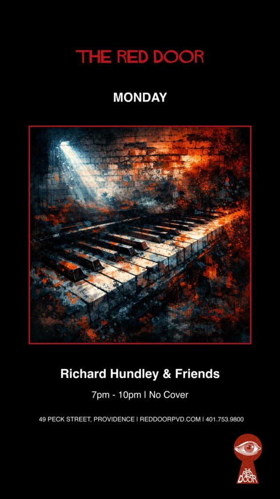 Event poster for Richard Hundley & Friends at The Red Door, featuring a stylized piano and vibrant colors.