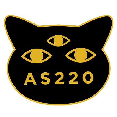 Black cat silhouette with three eyes and "AS220" text in gold.