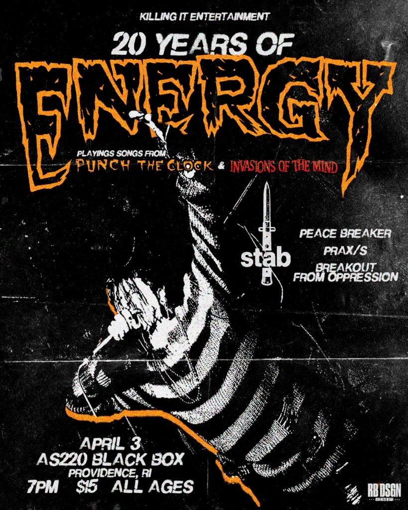 Event poster for "20 Years of Energy" concert featuring various bands, date, location, and ticket details.
