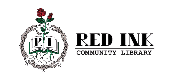 Logo features a book entwined with chains and a rose, labeled "RED INK COMMUNITY LIBRARY.