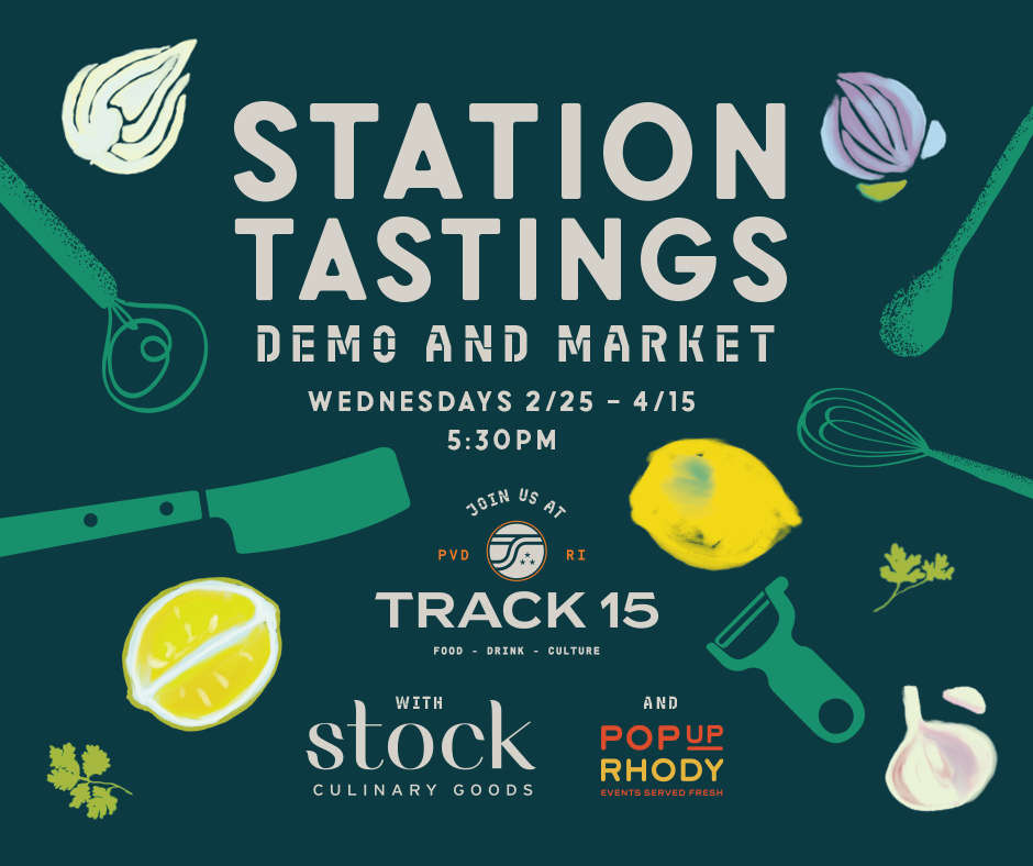 Promotional graphic for Station Tastings event featuring cooking utensils, ingredients, and event details.