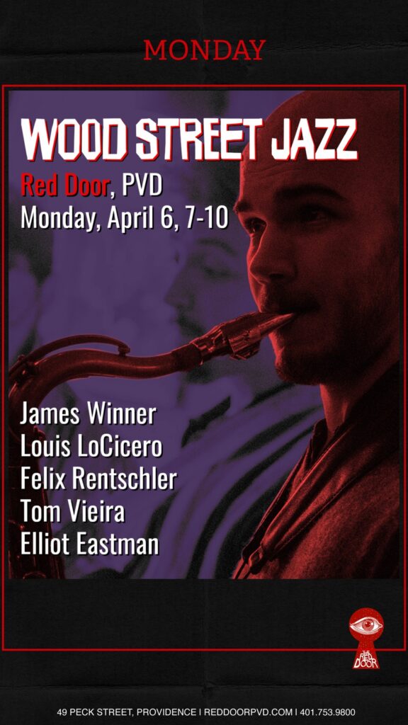 Jazz event poster featuring musicians' names and details for Wood Street Jazz at Red Door, April 6, 7-10 PM.