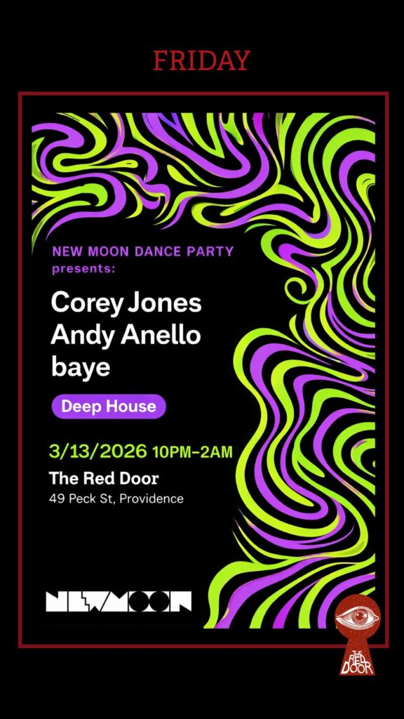 Event poster for New Moon Dance Party featuring Corey Jones, Andy Anello, and baye. Date and venue details included.