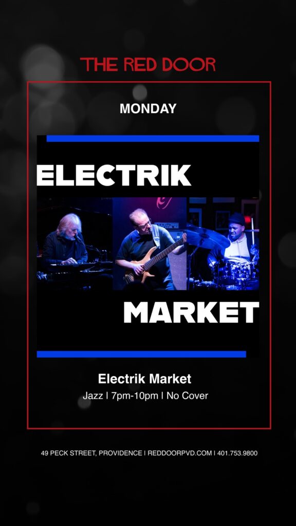 Three musicians perform jazz at The Red Door, promoting the Electrikk Market event on Monday evening.
