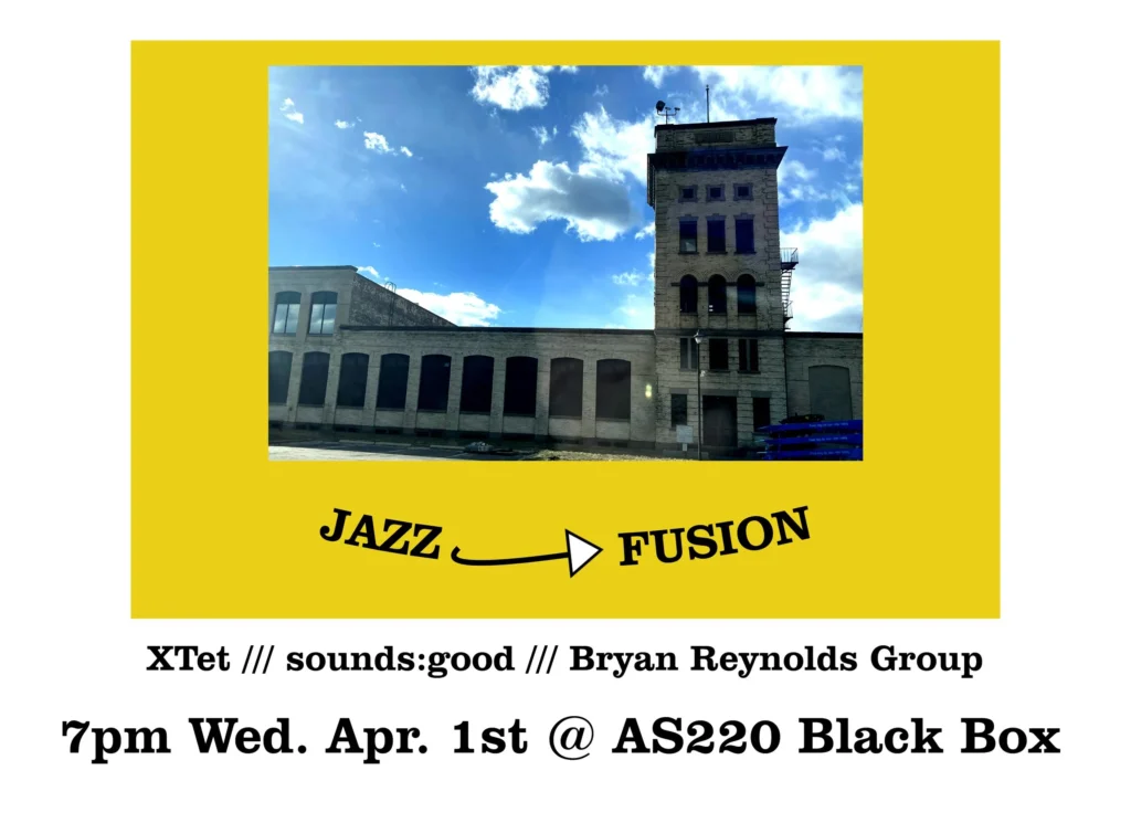 A historic building under a blue sky promotes a jazz fusion event on April 1st at AS220 Black Box.
