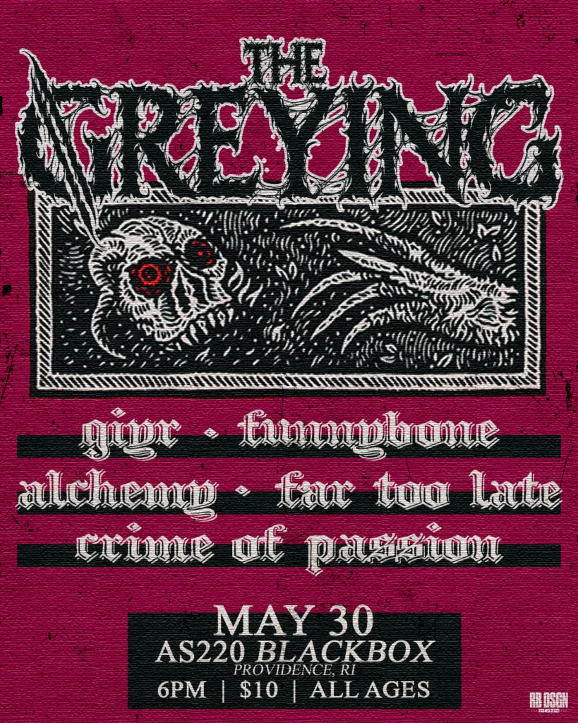 Promotional poster for a concert featuring The Grey Inc. and other bands on May 30 at AS220 Blackbox, Providence, RI.