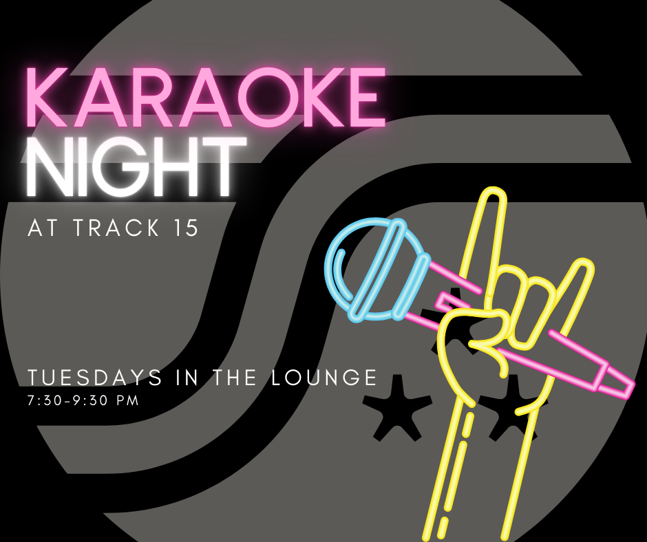 Karaoke night advertisement featuring a microphone and a hand making a rock gesture. Details about time and location included.