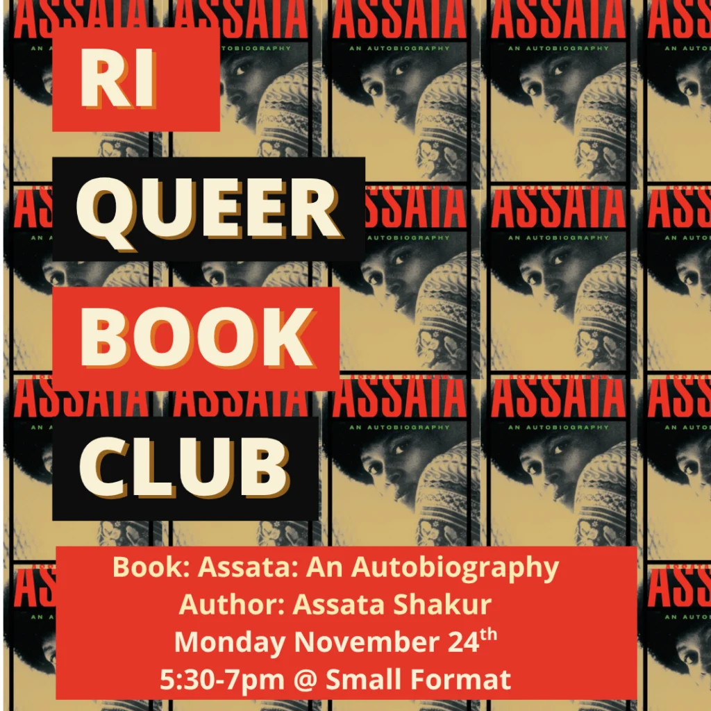 Text promotes a book club discussing "Assata: An Autobiography" by Assata Shakur on November 24th.