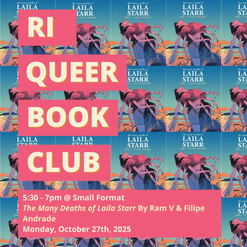 Text promotes a book club meeting discussing "The Many Deaths of Laila Starr" on October 27, 2025.