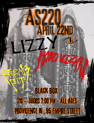 Event flyer featuring two robed figures, listing bands Lizzy, Hobo Wizard, and Freak Pit. Details include date, location, and ticket price.