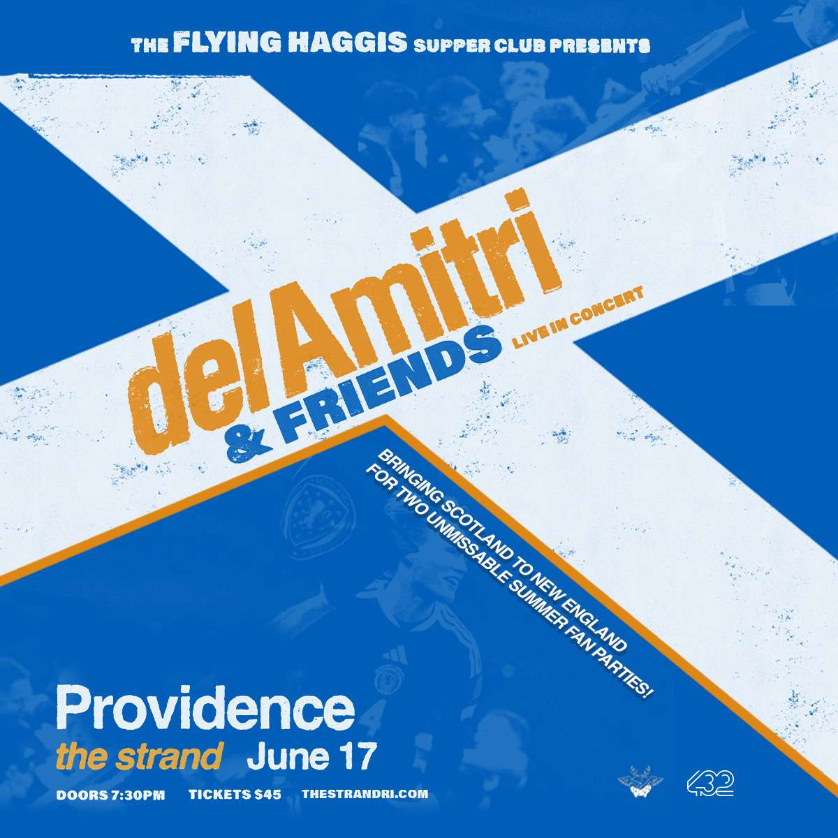 Concert poster for del Amitri & Friends, featuring event details and a blue and white Scottish flag design.