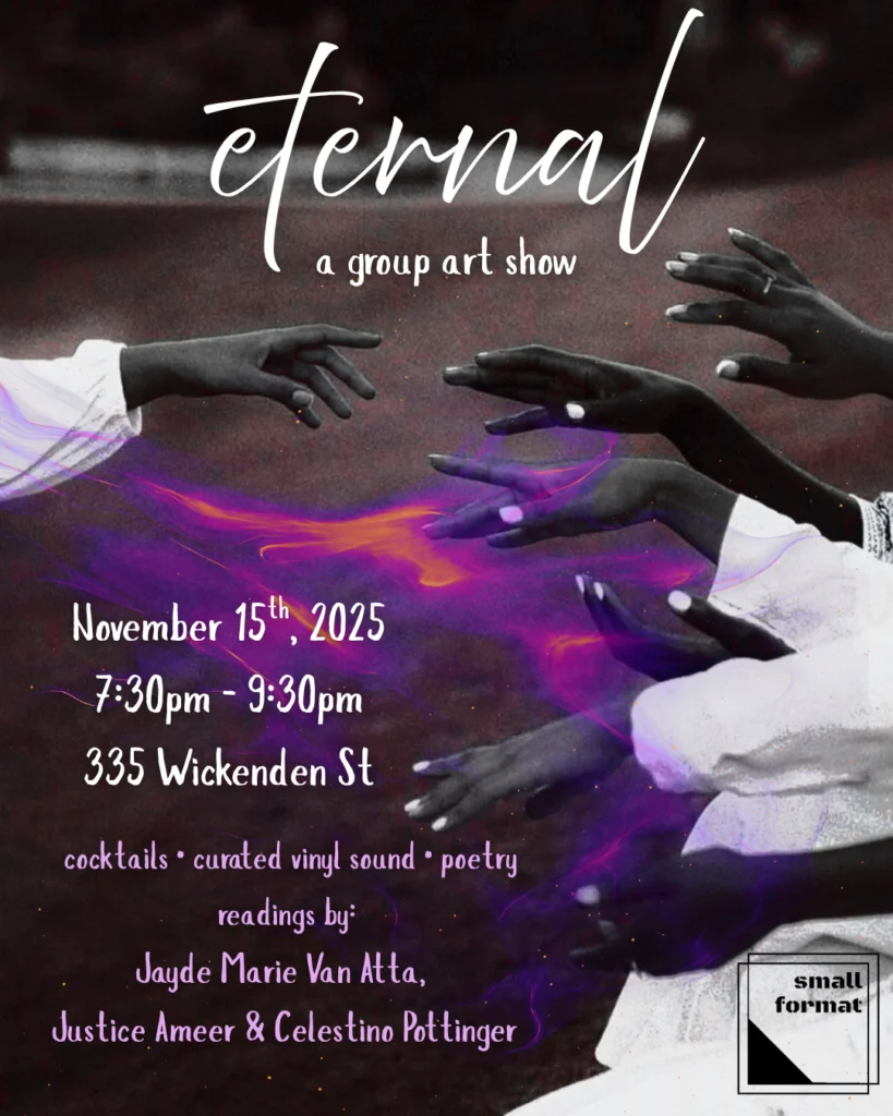 Hands reaching out, text announces "Eternal" art show with event details and featured artists.