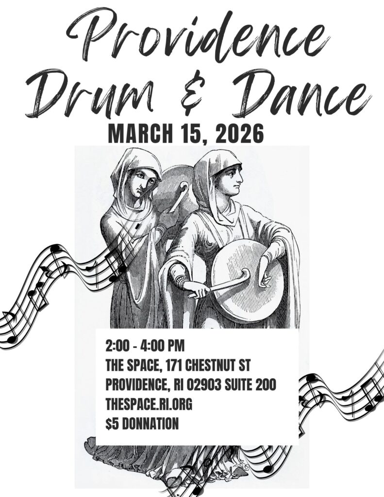 Two women play instruments at a drum and dance event in Providence on March 15, 2026. Event details included.
