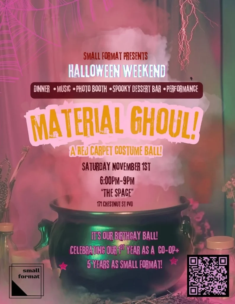 Event poster for "Material Ghoul," a Halloween costume ball with details on time, location, and activities.