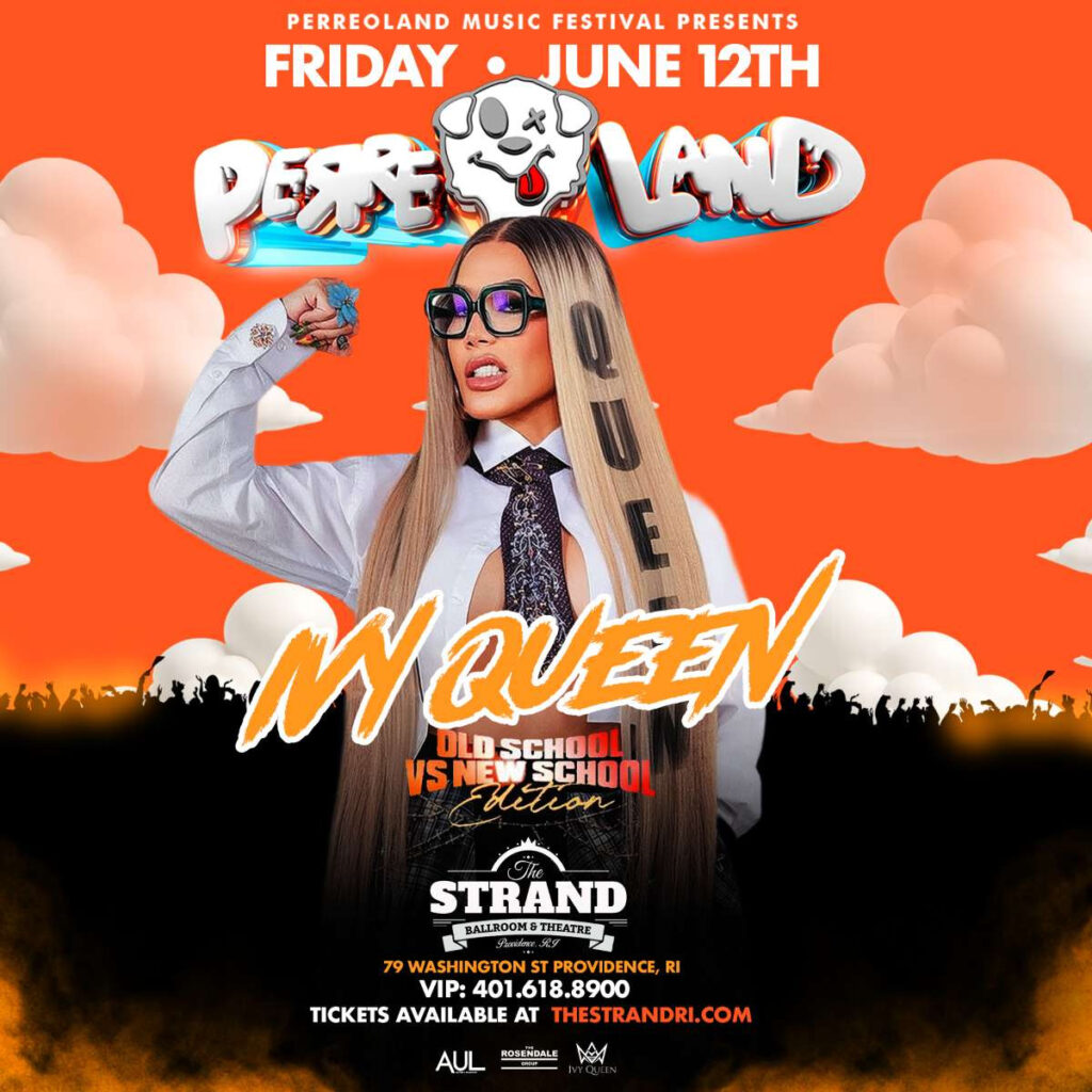 Ivy Queen poses confidently, wearing glasses and a white shirt, promoting the Perreoland Music Festival.