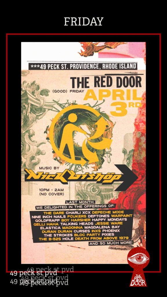 Event flyer for The Red Door featuring music by Nick Bishop, April 3rd, 10 PM to 2 AM, no cover charge.