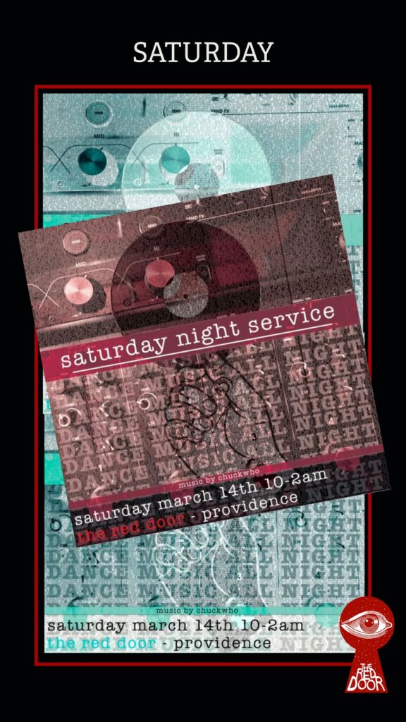 Promotional poster for Saturday night service at The Red Door, featuring music by Chuckwho.