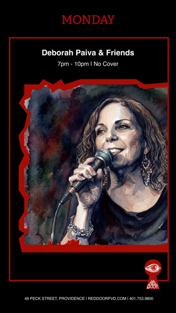 A woman sings into a microphone, promoting a live music event featuring Deborah Paiva and friends.