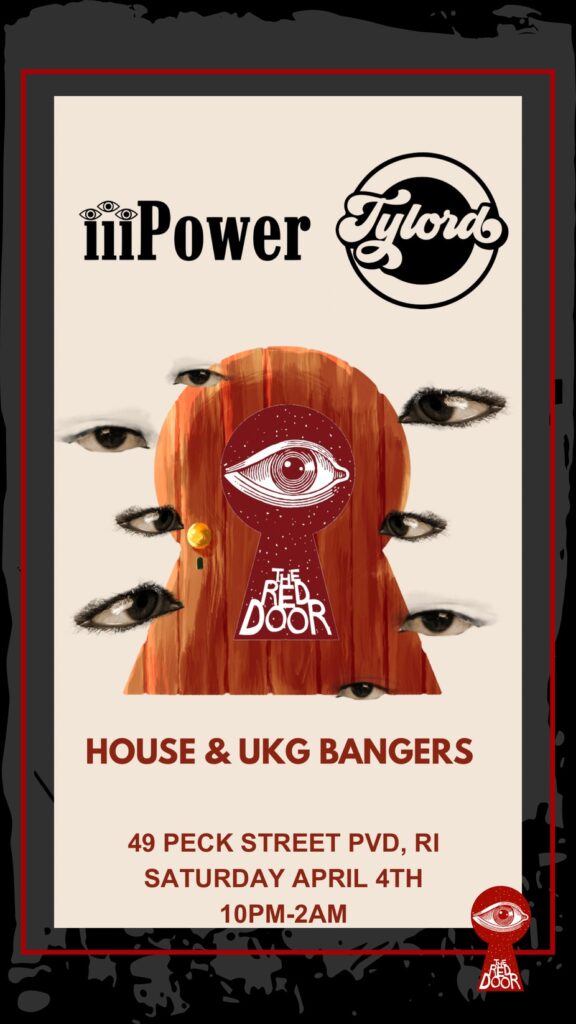 Event poster for "House & UKG Bangers" at The Red Door, featuring details and artistic elements.
