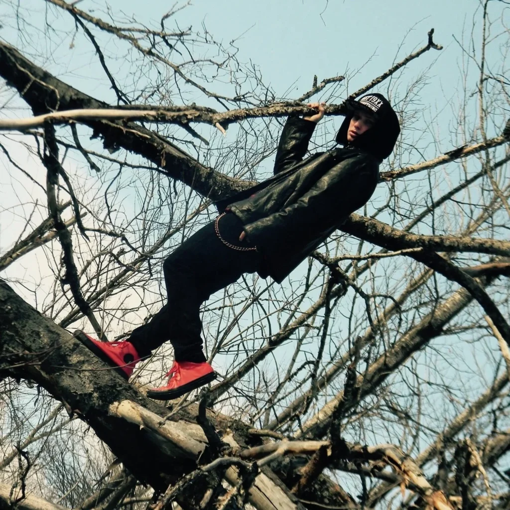 A person in a black jacket and red shoes balances on a fallen tree branch against a clear sky.