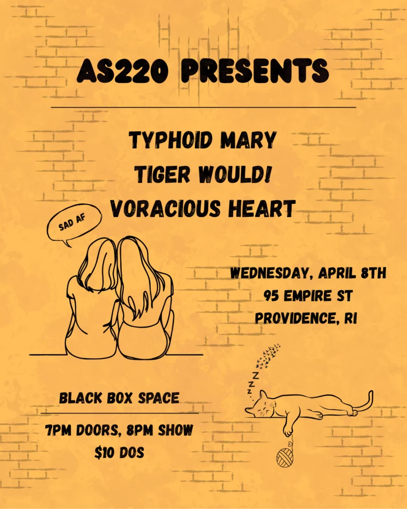 Two women sit together, a cat sleeps nearby, with event details for a music show.