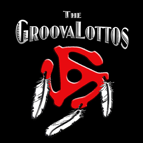 Logo features "The Groovalottos" text above a red vinyl record symbol with feathers.