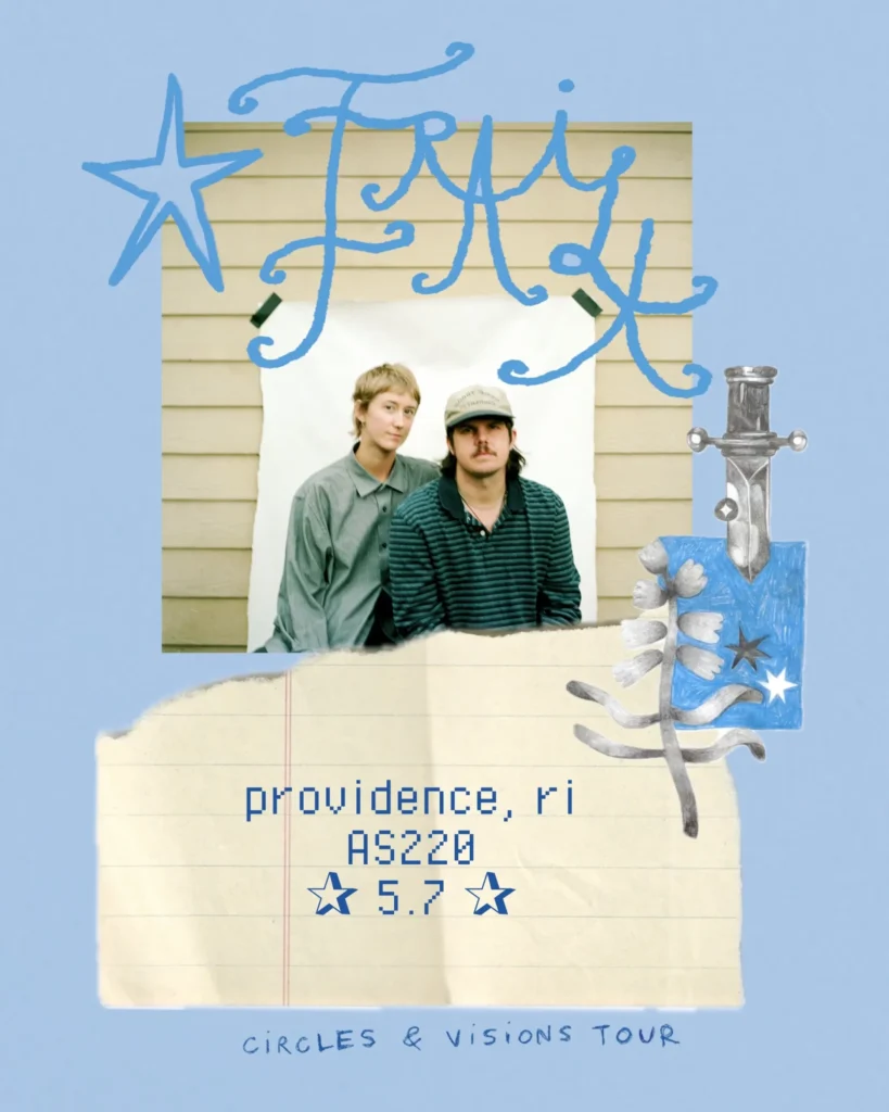 Two young men pose together in front of a white backdrop, with decorative text and graphics surrounding them.