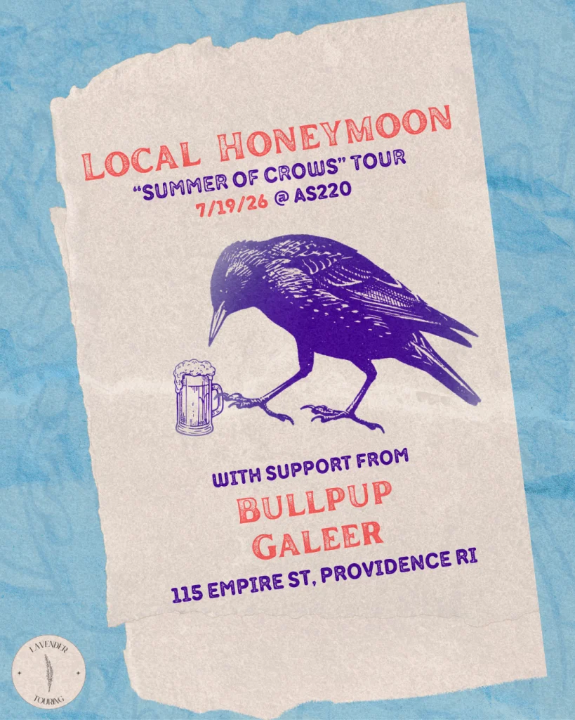 Concert poster for "Local Honeymoon" tour featuring a crow and a beer mug. Event details included.
