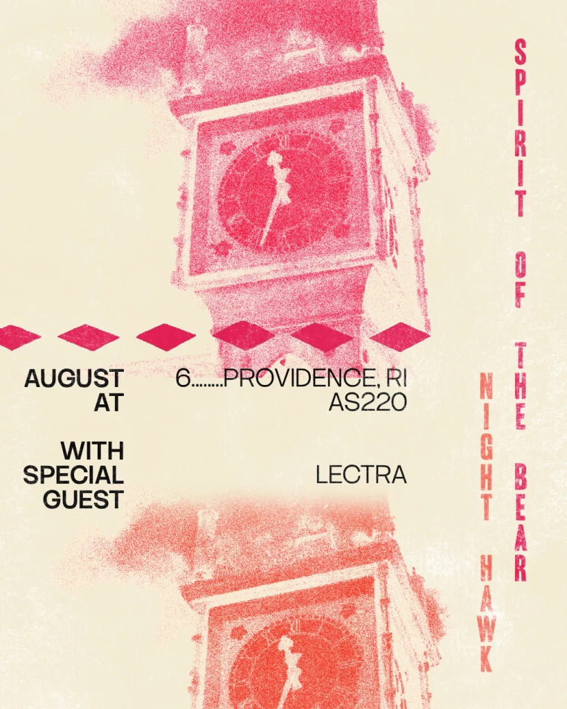 Event poster featuring a clock tower, details for "Spirit of the Bear" concert with special guest Lectra.