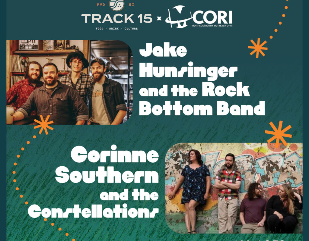 Two music groups: Jake Hunsinger and the Rock Bottom Band, and Corinne Southern and the Constellations, pose together.
