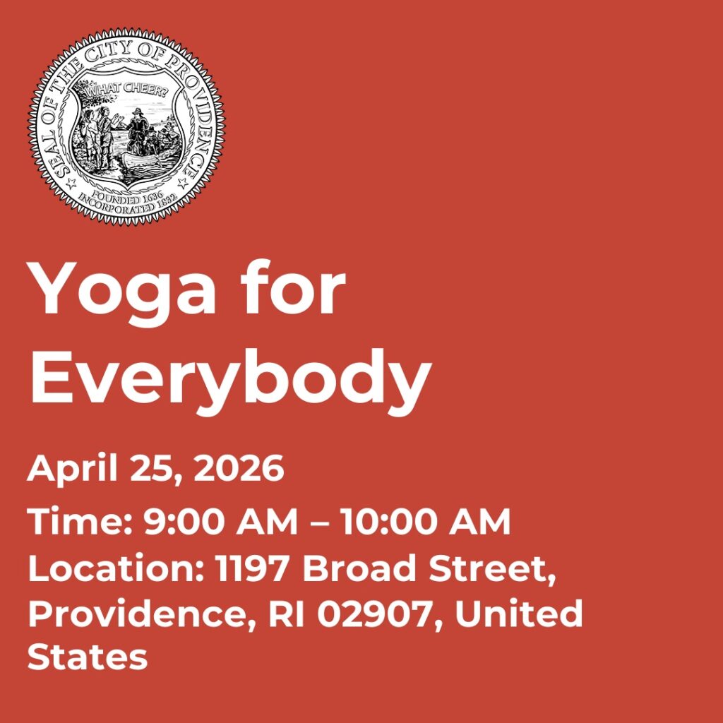 Event details for "Yoga for Everybody" on April 25, 2026, at 1197 Broad Street, Providence, RI.