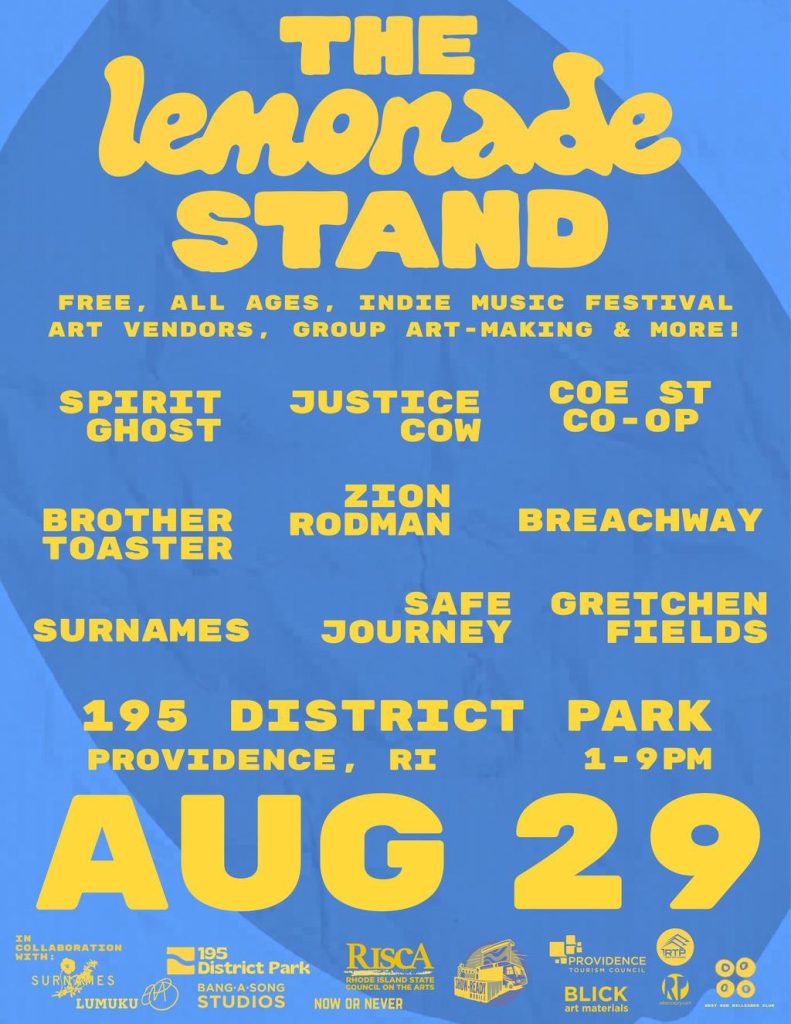 Event poster for "The Lemonade Stand," featuring music acts, art vendors, and details about the festival.