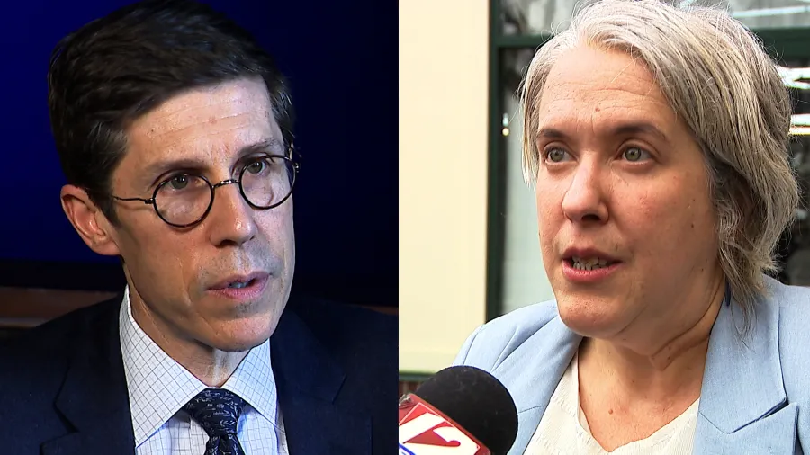Two individuals in separate frames engage in conversation; one speaks to a reporter while the other looks on attentively.