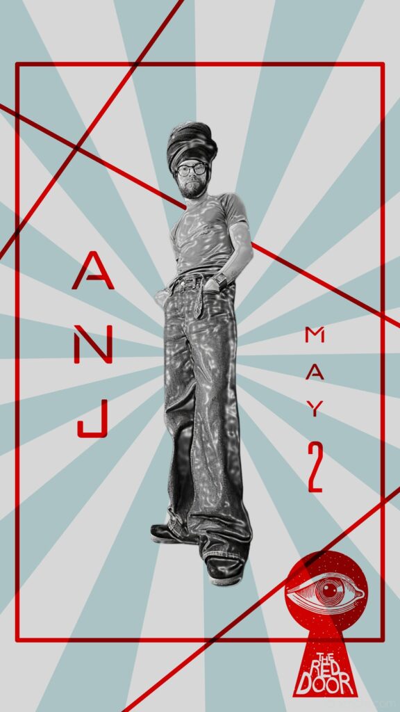 A person stands confidently in baggy jeans and a t-shirt, surrounded by geometric patterns and event details.