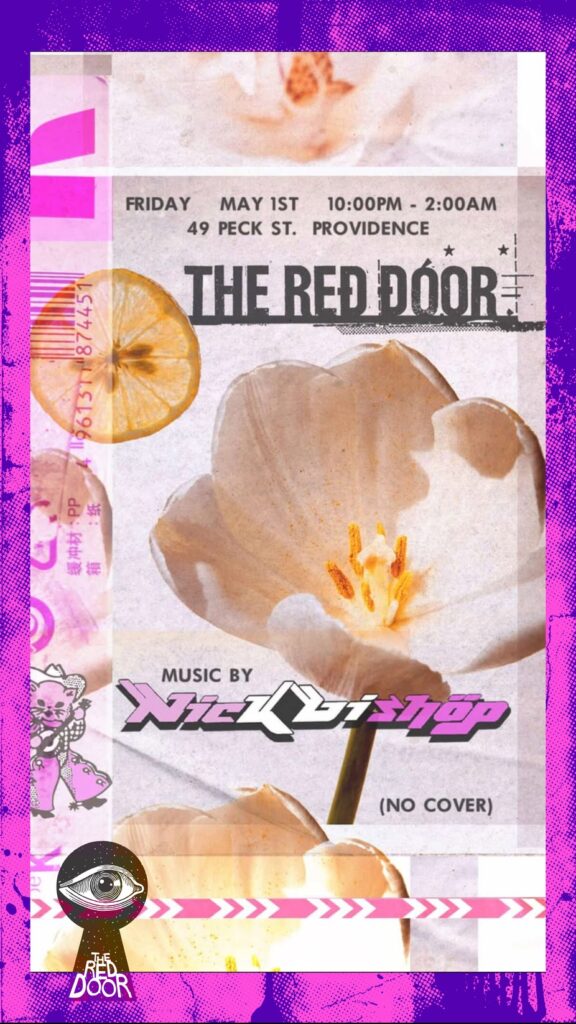 Event flyer for The Red Door featuring a flower, lemon slice, and music by Nick Bishop. No cover charge.