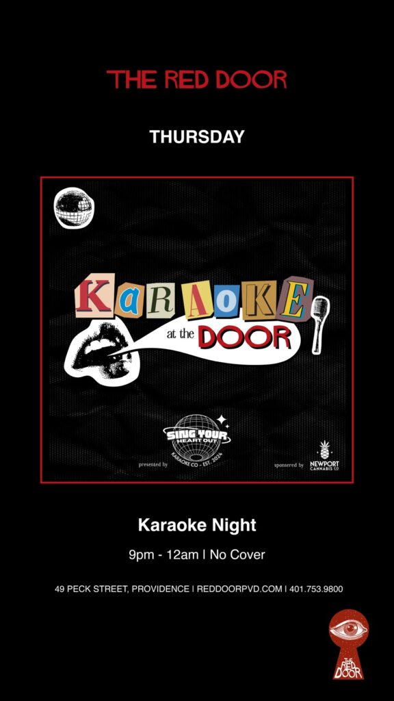 Karaoke night at The Red Door, Thursday 9 PM to 12 AM, no cover charge. Address and contact details included.