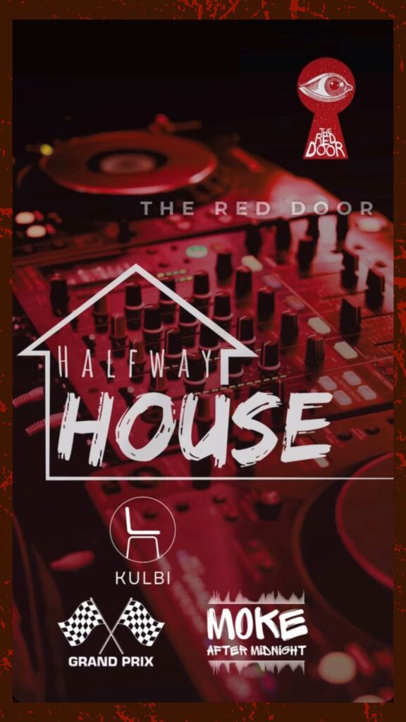 DJ equipment with vibrant lighting, featuring event details for "Halfway House" at The Red Door.
