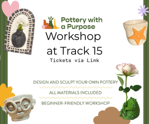 Pottery workshop advertisement featuring pottery pieces, a rose, and details about the event.