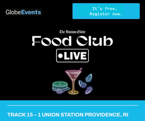 Promotional graphic for Boston Globe Food Club Live event at Union Station, featuring cocktails and oysters.