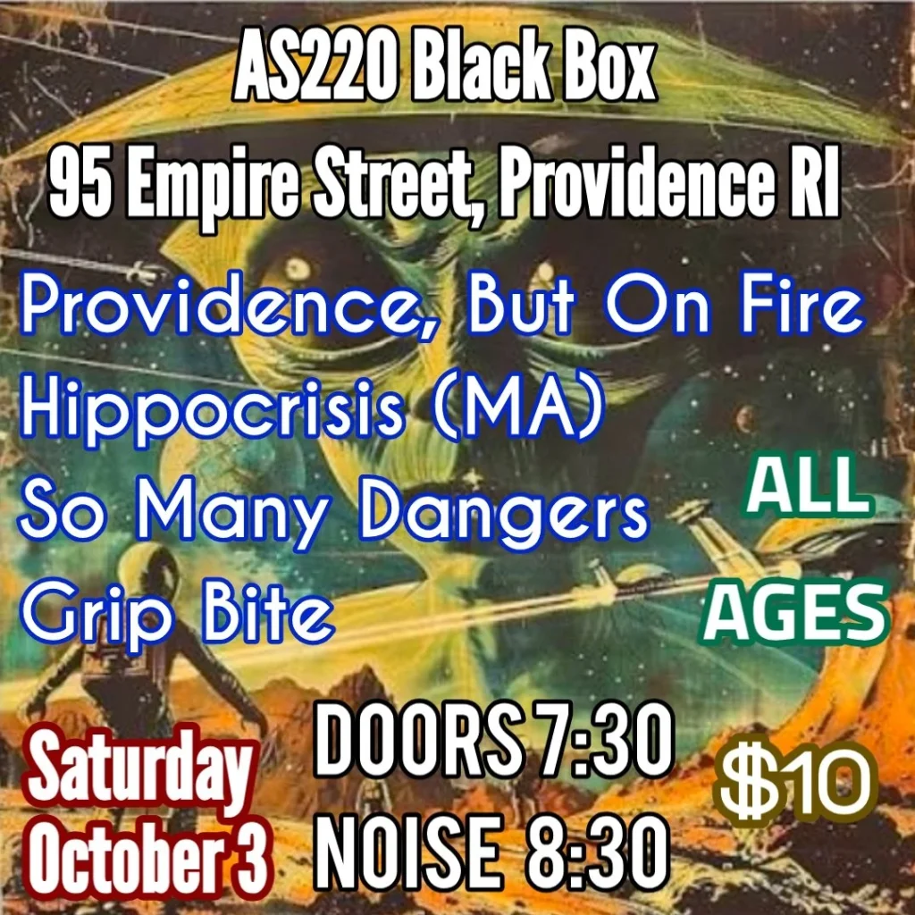 Event flyer for a concert featuring multiple bands, with details on location, date, and ticket price.
